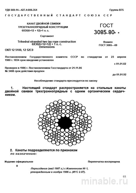 ГОСТ 3085-80: Канат 6х30 (6+12+12)+1 о.с. – Разбор и Сортамент
