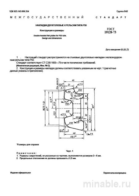 ГОСТ 19128-73: Накладки двухголовые к рельсам Р50 – Конструкция и Размеры